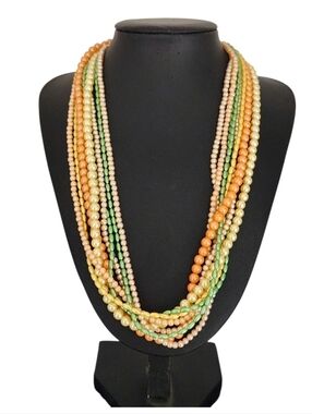Vintage Multi Strand Faux Pearl Beaded Necklace Orange Green Yellow  Beads 24"